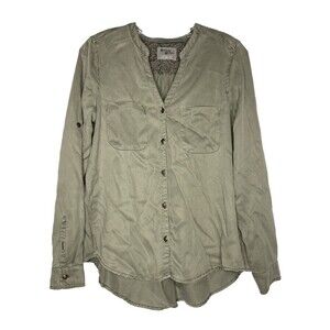 HOLDING HORSES Anthropologie Top Women XS Green Button Front Long Sleeve Roll Up